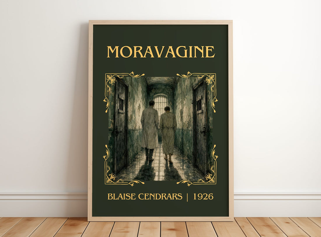Moravagine Classic Book Art Print by Blaise Cendrars – framed print leaning on a wooden floor