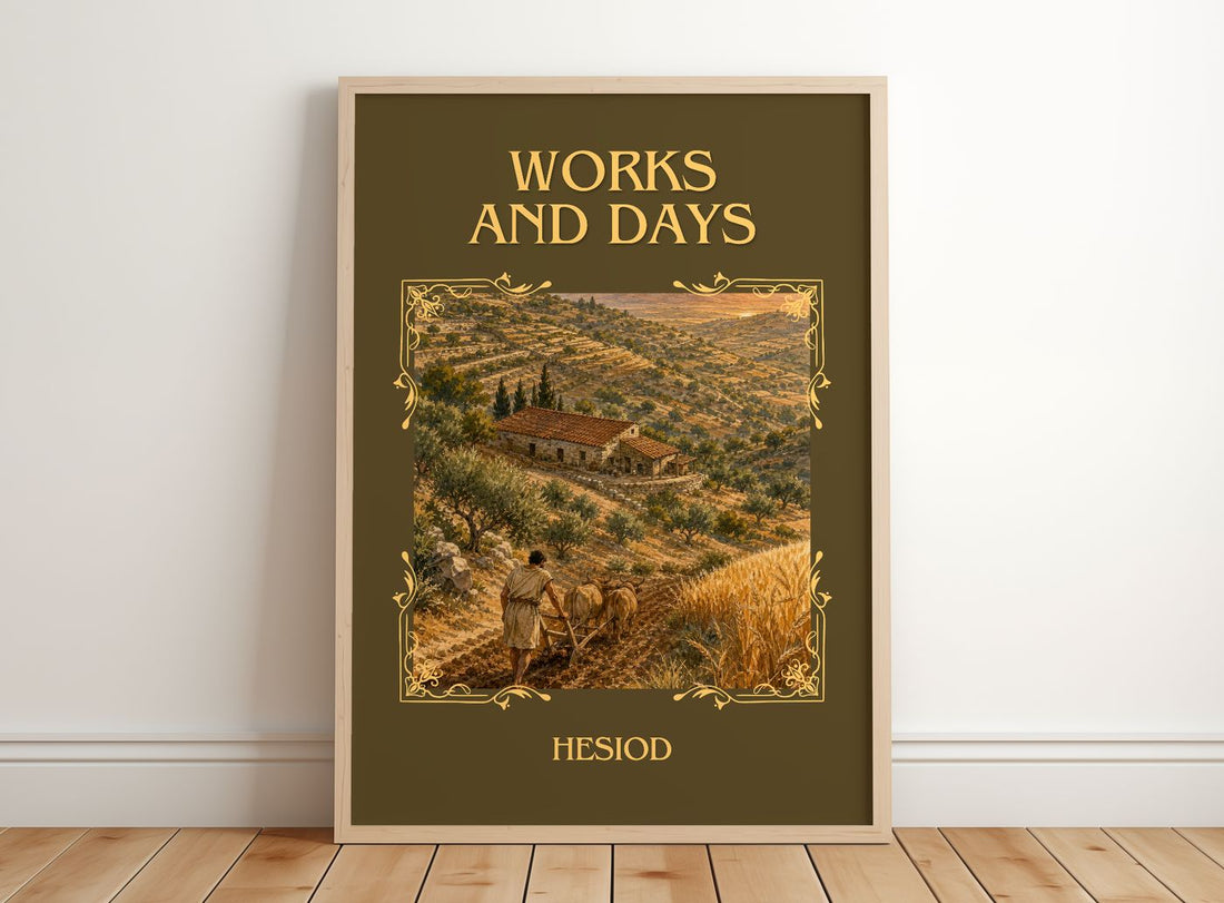 Works and Days Classic Book Art Print by Hesiod – framed print leaning on a wooden floor