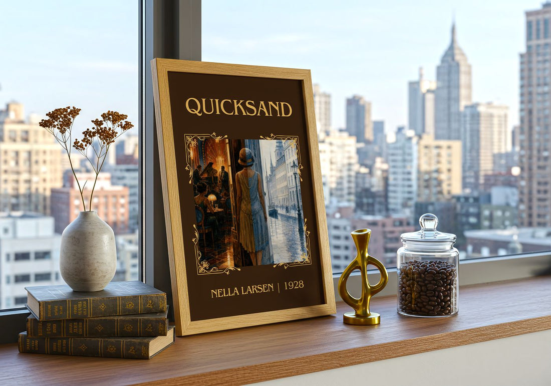 Quicksand Classic Book Art Print by Nella Larsen – framed print on a city-view windowsill