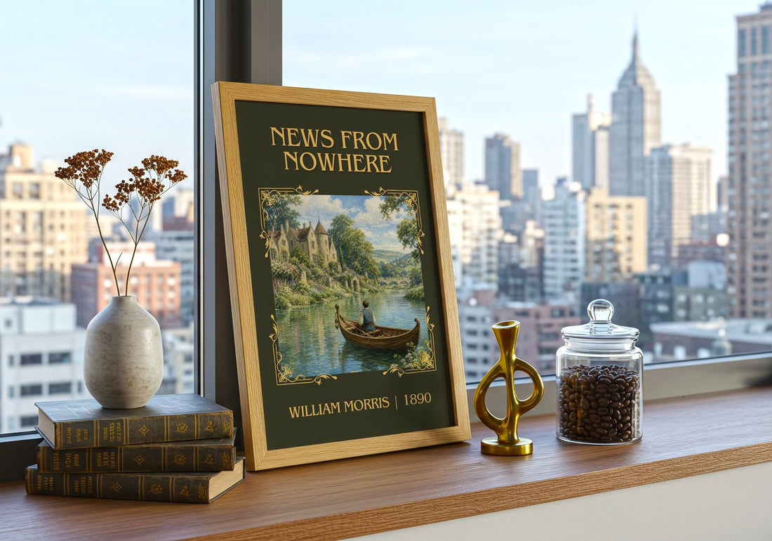 News from Nowhere Classic Book Art Print by William Morris – framed print on a city-view windowsill