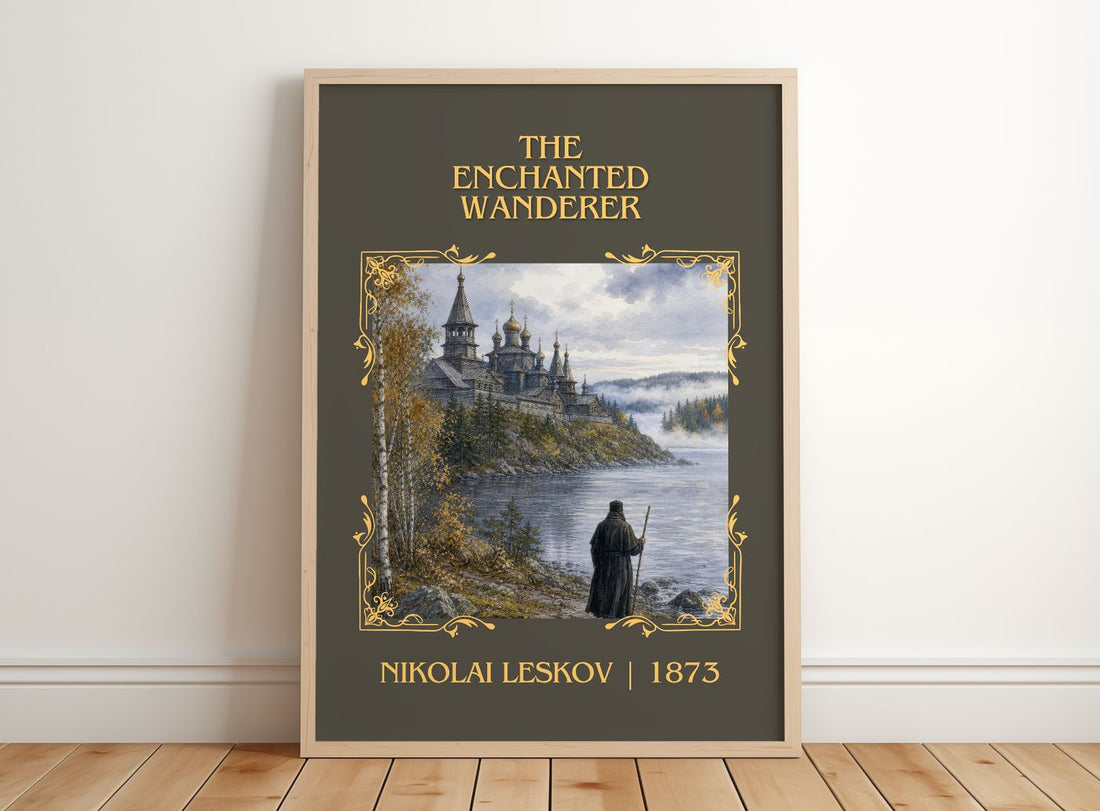 The Enchanted Wanderer Classic Book Art Print by Nikolai Leskov – framed print leaning on a wooden floor