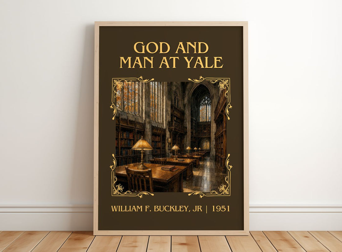 God and Man at Yale Classic Book Art Print by William F. Buckley, Jr – framed print leaning on a wooden floor