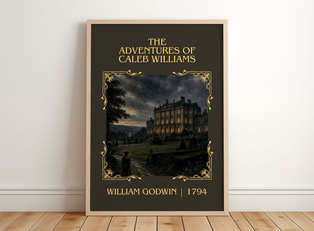 Adventures of Caleb Williams Classic Book Art Print by William Godwin – framed print leaning on a wooden floor