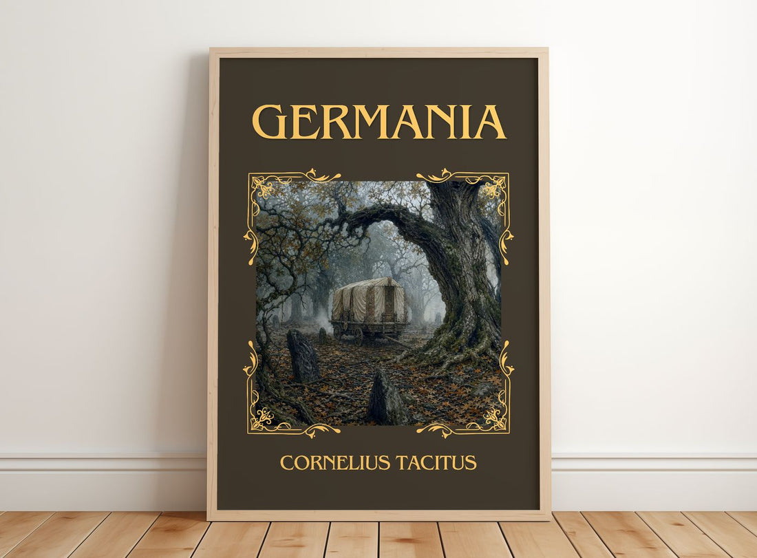 Germania Classic Book Art Print by Cornelius Tacitus – framed print leaning on a wooden floor
