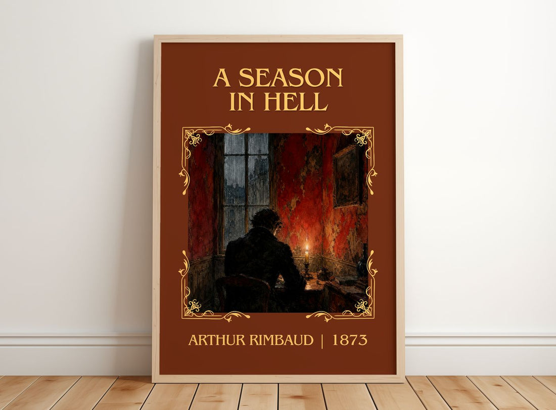 A Season in Hell Classic Book Art Print by Arthur Rimbaud – framed print leaning on a wooden floor