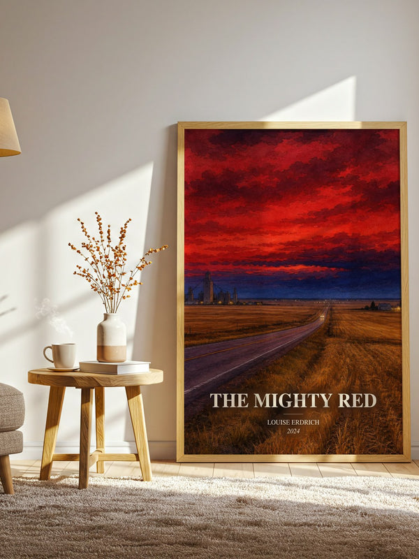 The Mighty Red watercolour print in frame leaning in hallway – literary fiction wall art