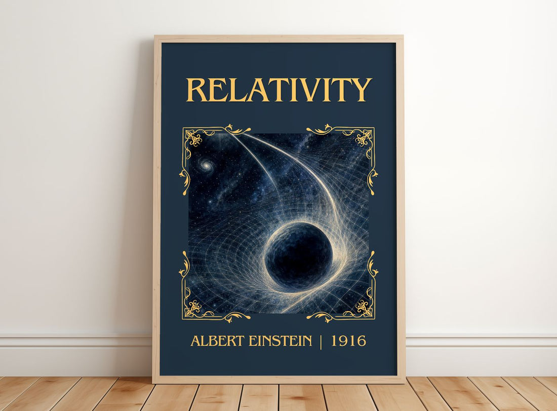 Relativity Classic Book Art Print by Albert Einstein – framed print leaning on a wooden floor