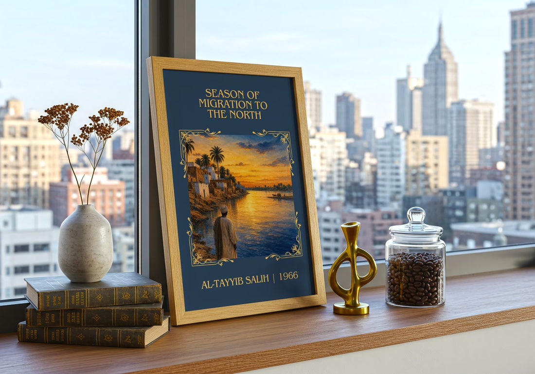 Season of Migration to the North Classic Book Art Print by A. Salih – framed print on a city-view windowsill