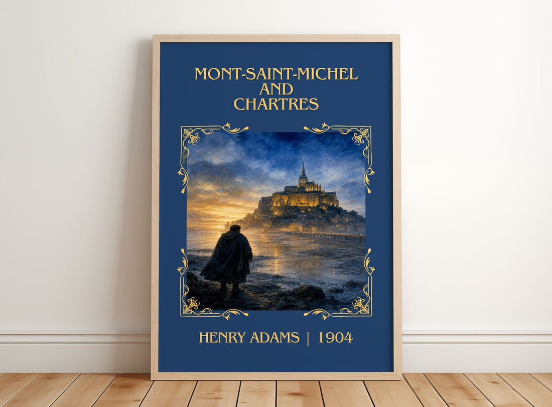 Mont-Saint-Michel and Chartres Classic Book Art Print by Henry Adams – framed print leaning on a wooden floor