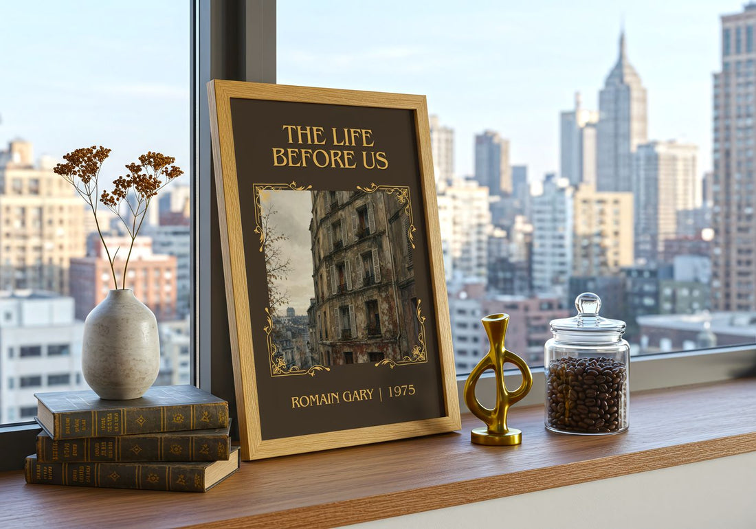 The Life Before Us Classic Book Art Print by Romain Gary – framed print on a city-view windowsill