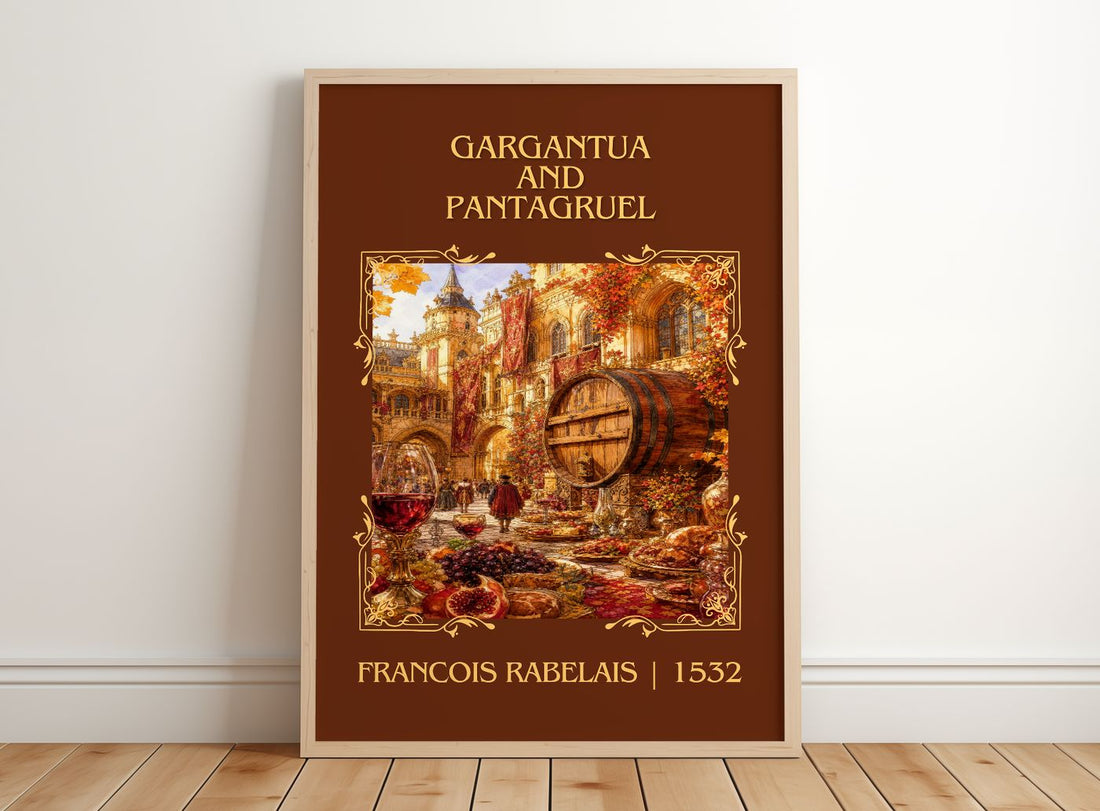 Gargantua and Pantagruel Classic Book Art Print by Francois Rabelais – framed print leaning on a wooden floor