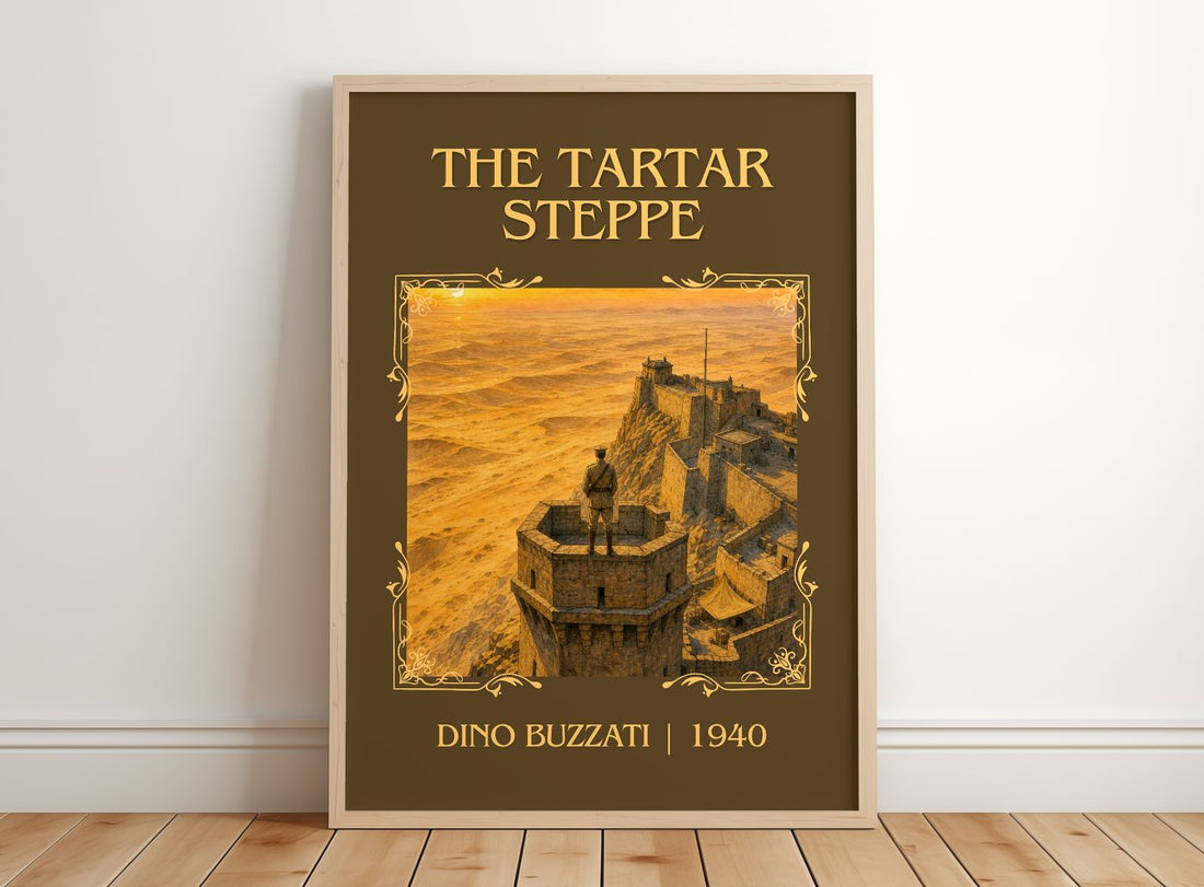 The Tartar Steppe Classic Book Art Print by Dino Buzzati – framed print leaning on a wooden floor