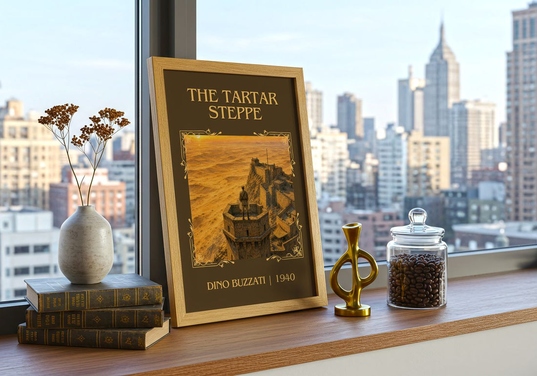 The Tartar Steppe Classic Book Art Print by Dino Buzzati – framed print on a city-view windowsill