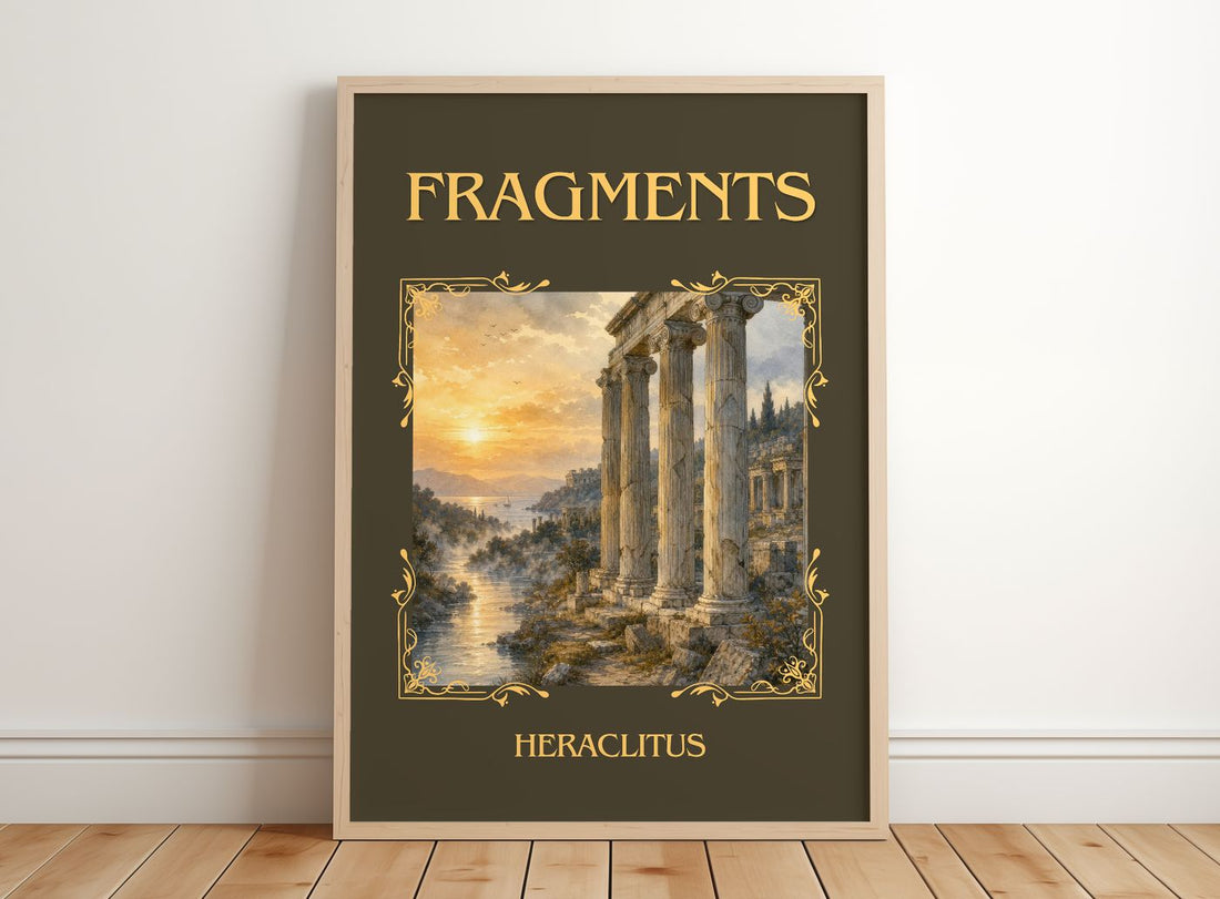 Fragments Classic Book Art Print by Heraclitus – framed print leaning on a wooden floor