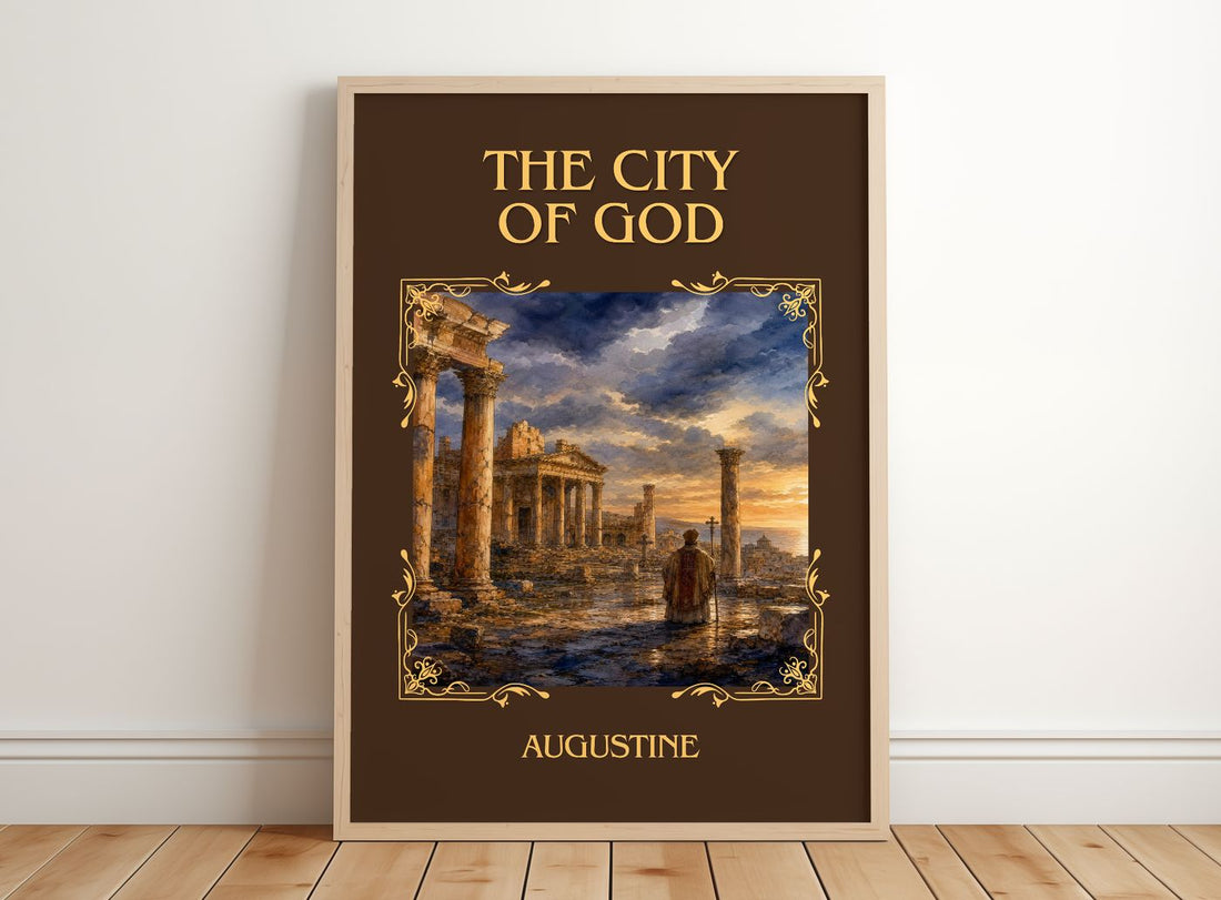 The City of God Classic Book Art Print by Augustine – framed print leaning on a wooden floor
