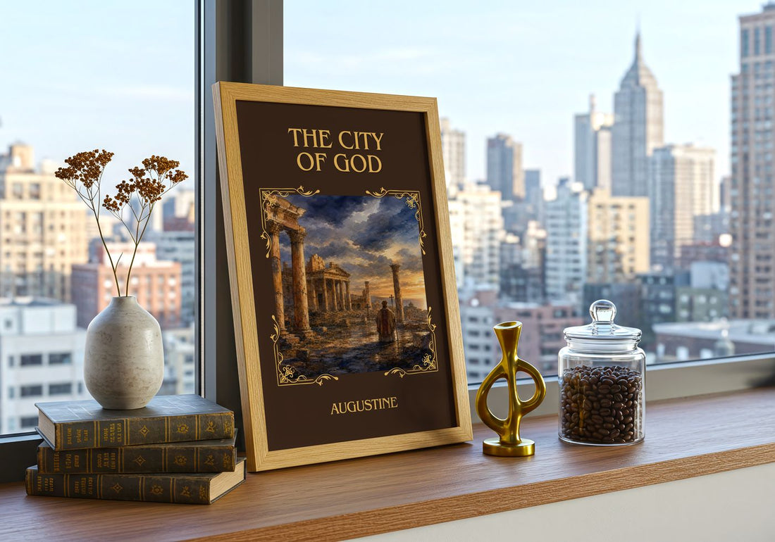 The City of God Classic Book Art Print by Augustine – framed print on a city-view windowsill