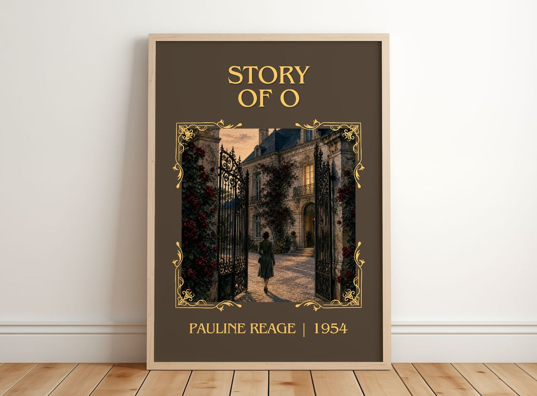 Story of O Classic Book Art Print by Pauline Reage – framed print leaning on a wooden floor