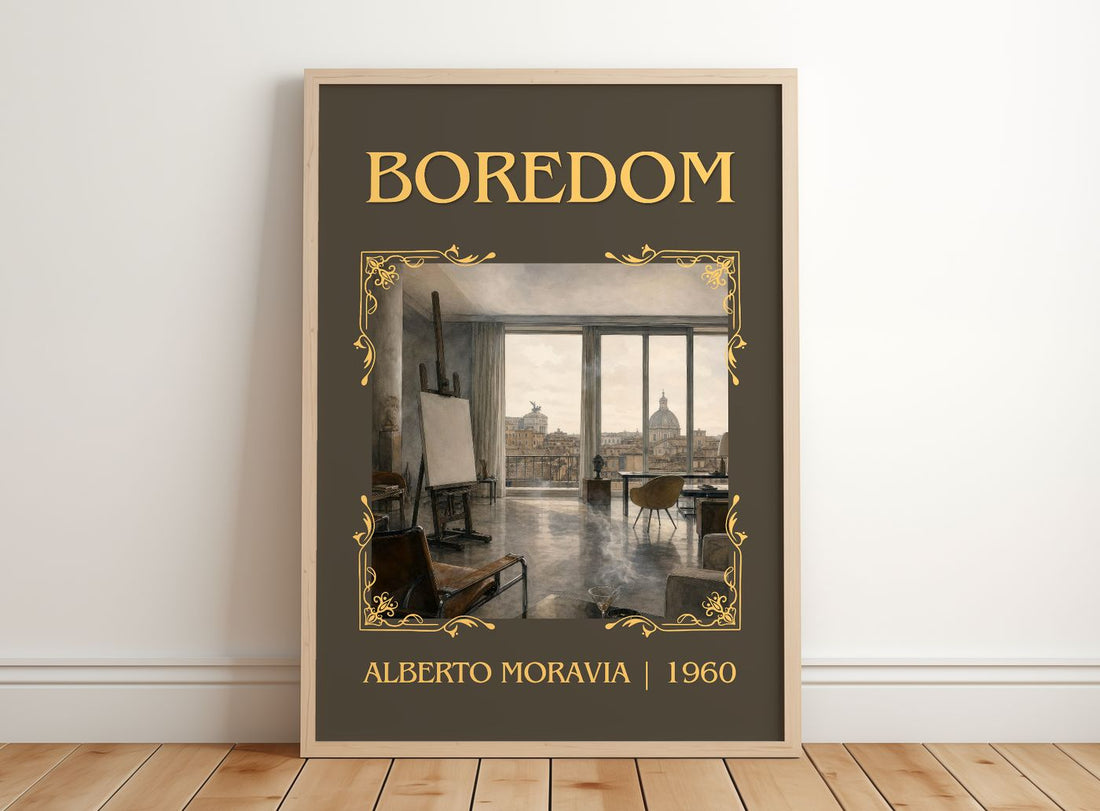 Boredom Classic Book Art Print by Alberto Moravia – framed print leaning on a wooden floor