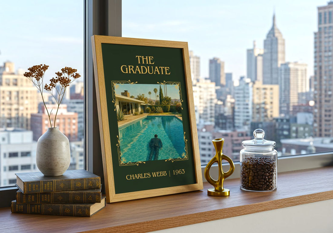 The Graduate Classic Book Art Print by Charles Webb – framed print on a city-view windowsill