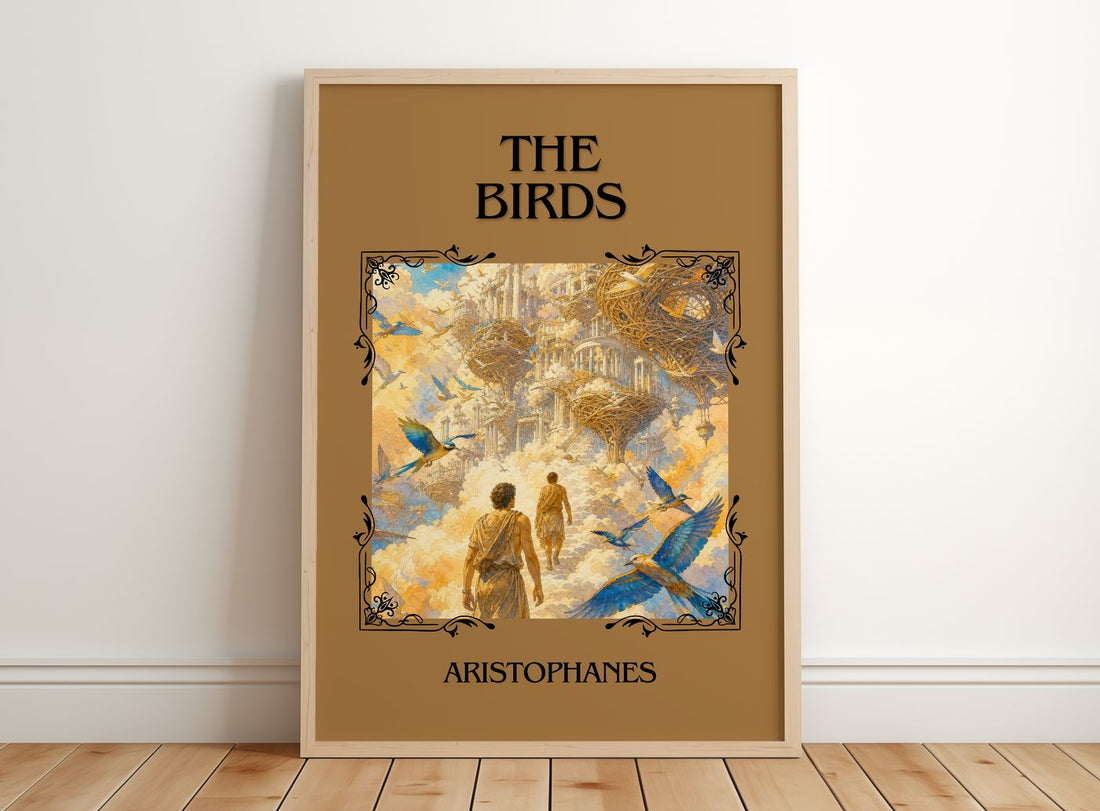 The Birds Classic Book Art Print by Aristophanes – framed print leaning on a wooden floor