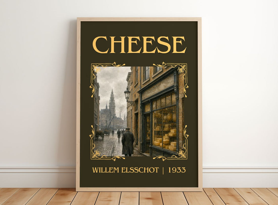 Cheese Classic Book Art Print by Willem Elsschot – framed print leaning on a wooden floor