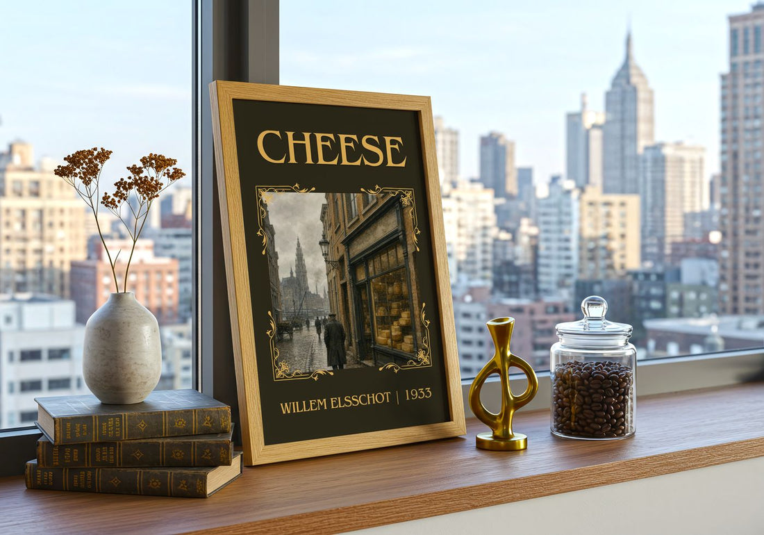 Cheese Classic Book Art Print by Willem Elsschot – framed print on a city-view windowsill