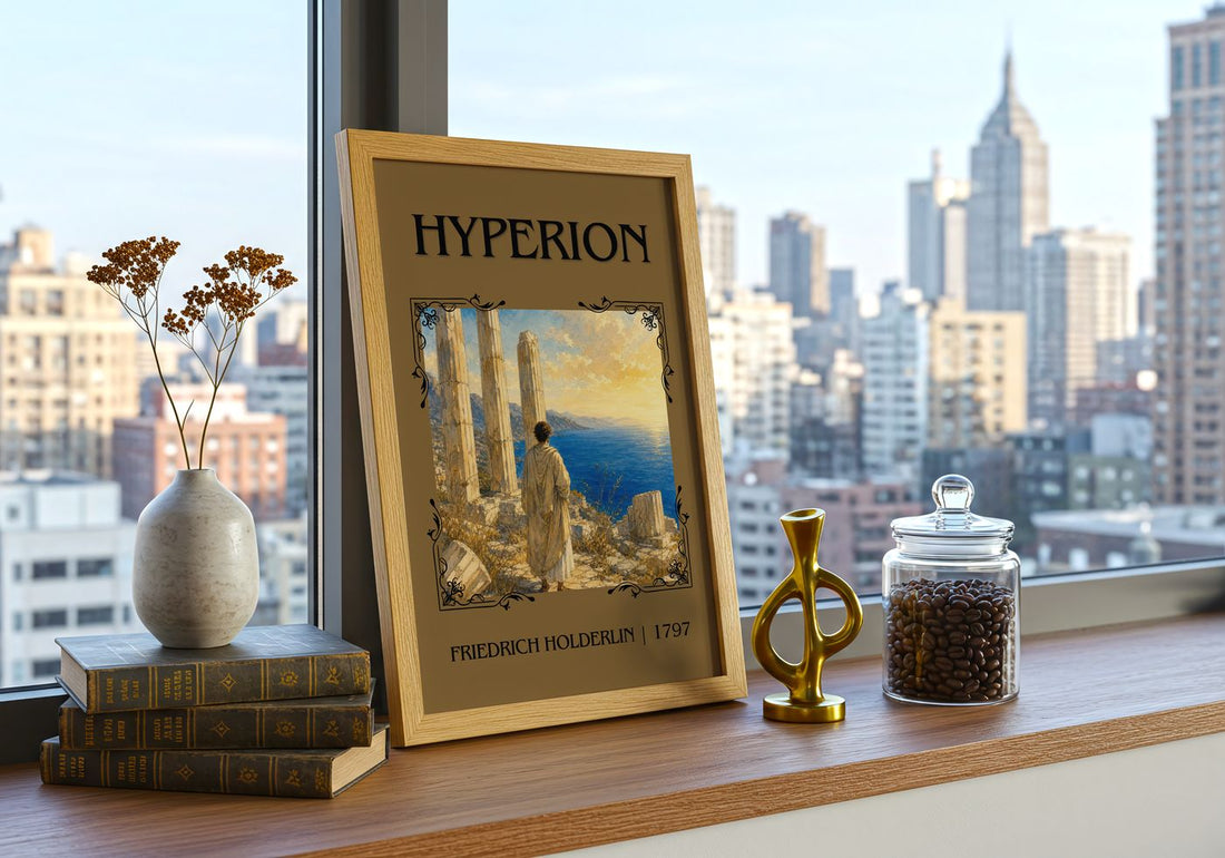 Hyperion Classic Book Art Print by Friedrich Holderlin – framed print on a city-view windowsill