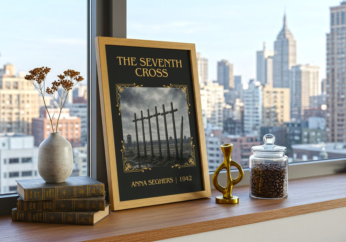 The Seventh Cross Classic Book Art Print by Anna Seghers – framed print on a city-view windowsill