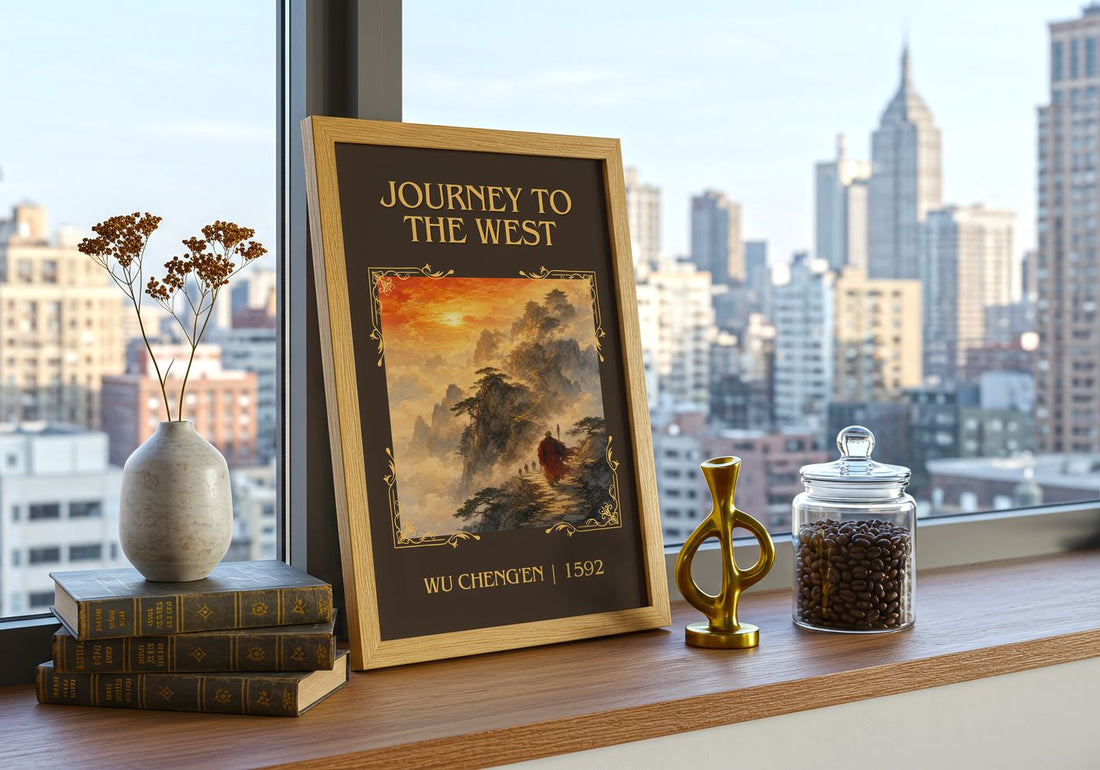 Journey to the West Classic Book Art Print by Wu Cheng'en – framed print on a city-view windowsill
