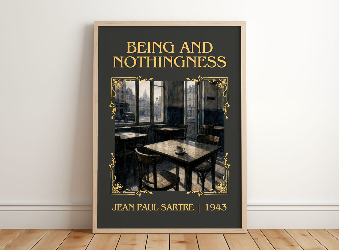 Being and Nothingness Classic Book Art Print by Jean Paul Sartre – framed print leaning on a wooden floor