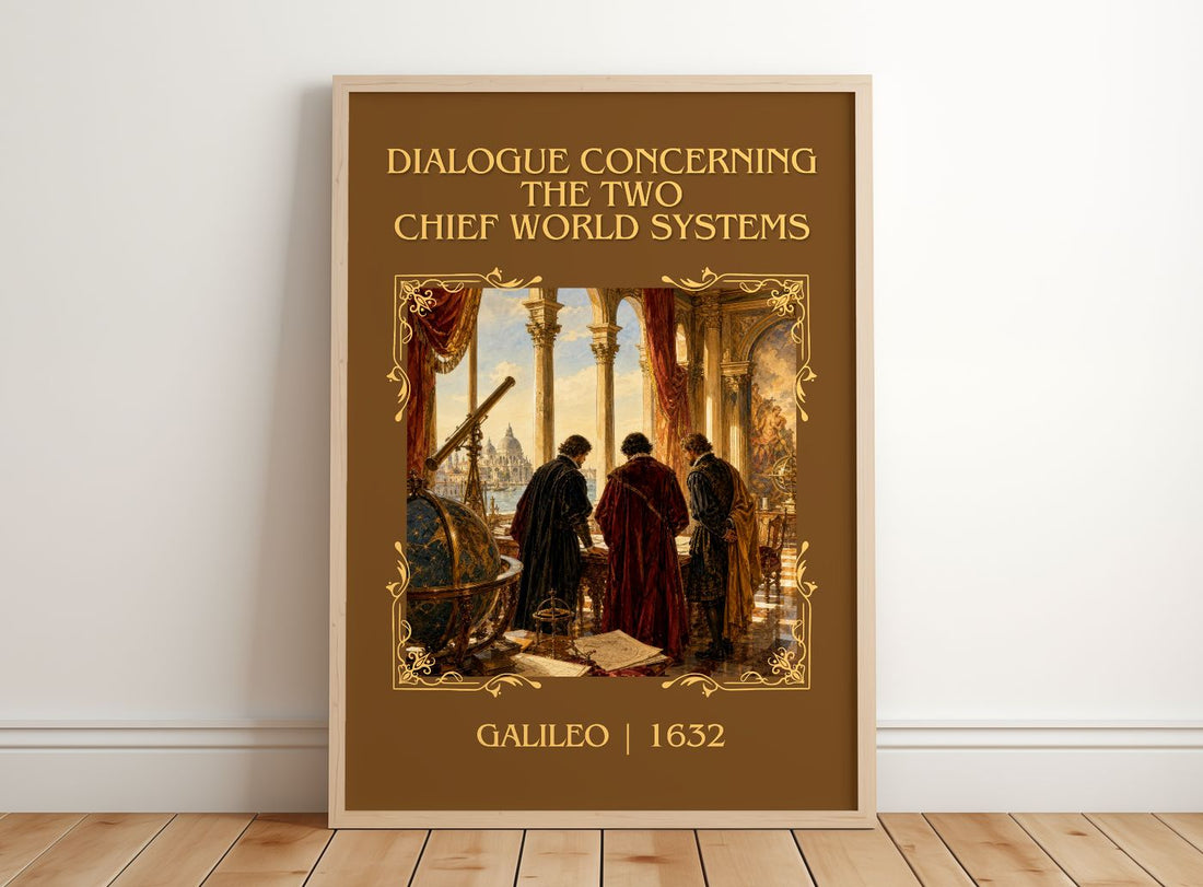 Dialogue Concerning the Two Chief World Systems Classic Book Art Print by Galileo – framed print leaning on a wooden floor