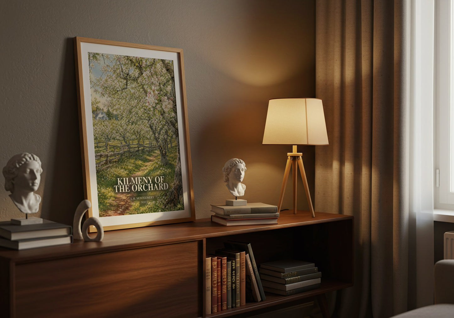 Kilmeny Of The Orchard watercolour print on bookshelf – L.M. Montgomery fan gift