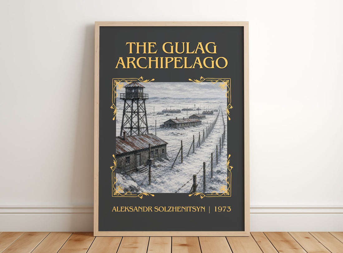 The Gulag Archipelago Classic Book Art Print by Aleksandr Solzhenitsyn – framed print leaning on a wooden floor