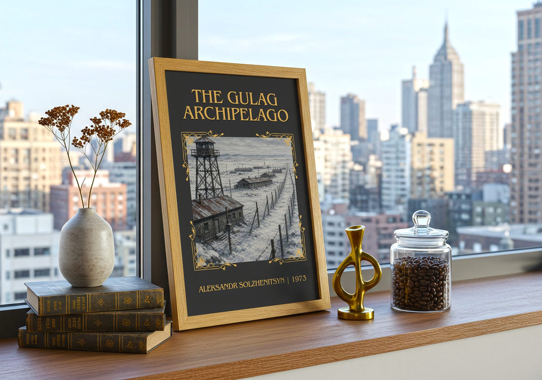 The Gulag Archipelago Classic Book Art Print by Aleksandr Solzhenitsyn – framed print on a city-view windowsill