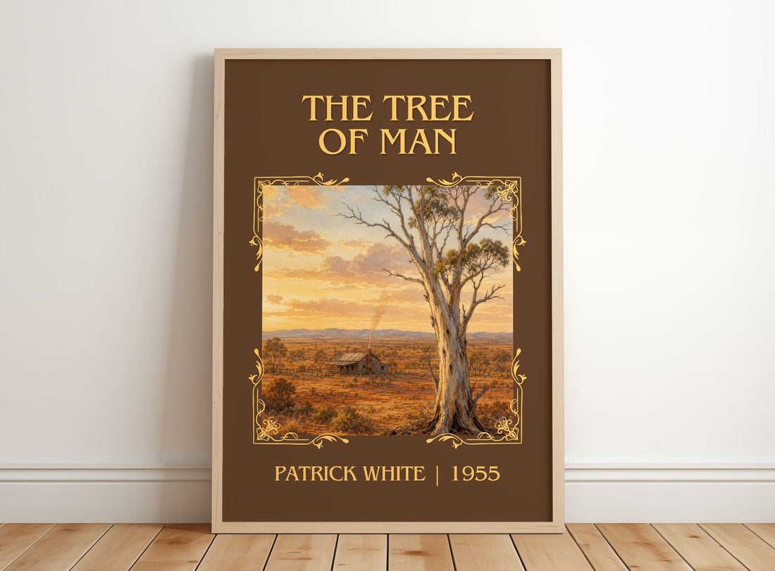 The Tree of Man Classic Book Art Print by Patrick White – framed print leaning on a wooden floor