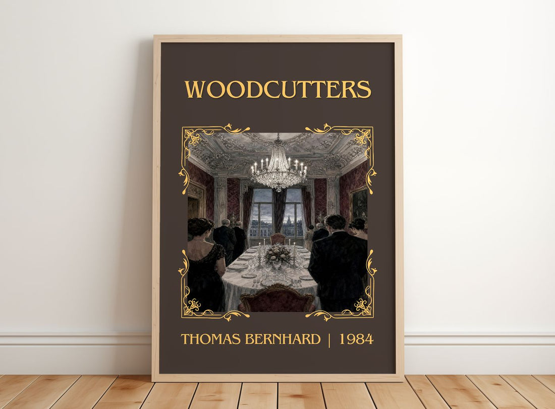 Woodcutters Classic Book Art Print by Thomas Bernhard – framed print leaning on a wooden floor