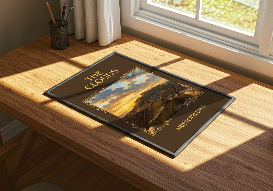 The Clouds Classic Book Art Print by Aristophanes – print on a sunlit desk