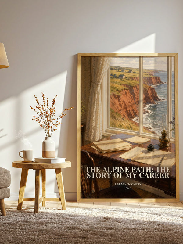The Alpine Path: The Story Of My Career watercolour print in frame leaning in hallway – memoir wall art