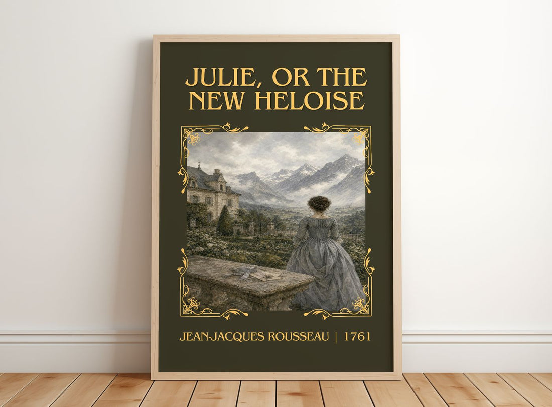 Julie, or the New Heloise Classic Book Art Print by J. Rousseau – framed print leaning on a wooden floor