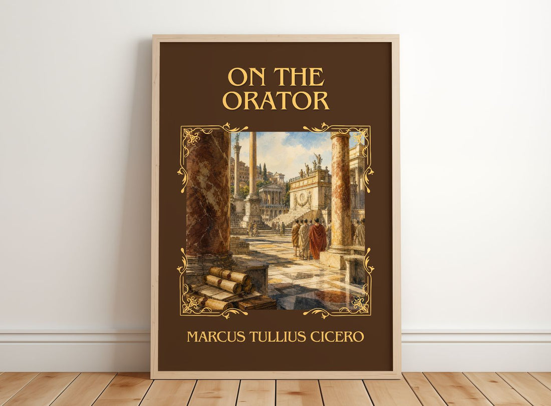 On The Orator Classic Book Art Print by Marcus Tullius Cicero – framed print leaning on a wooden floor