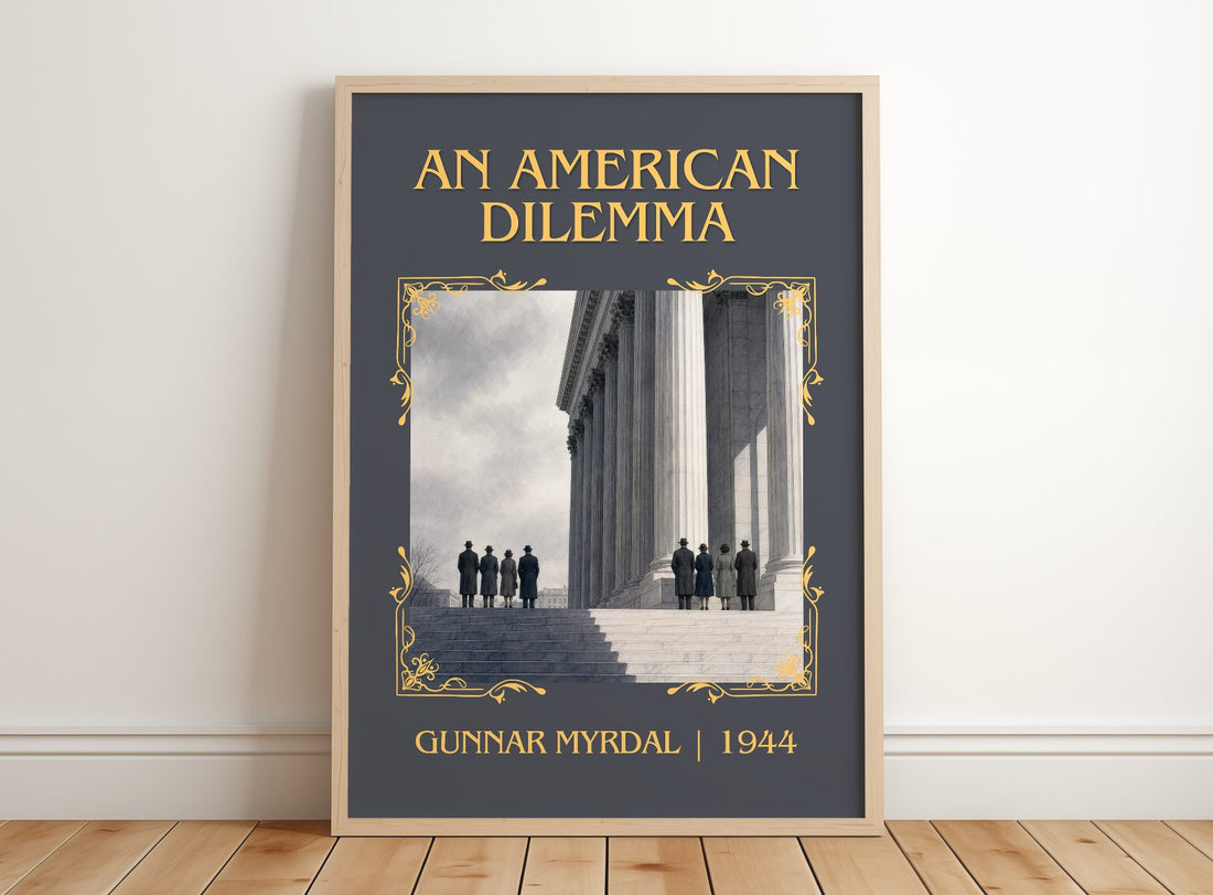 An American Dilemma Classic Book Art Print by Gunnar Myrdal – framed print leaning on a wooden floor
