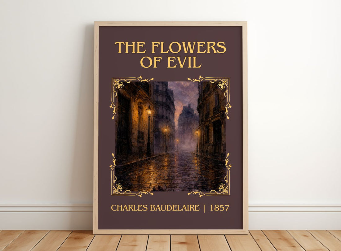 The Flowers of Evil Classic Book Art Print by Charles Baudelaire – framed print leaning on a wooden floor