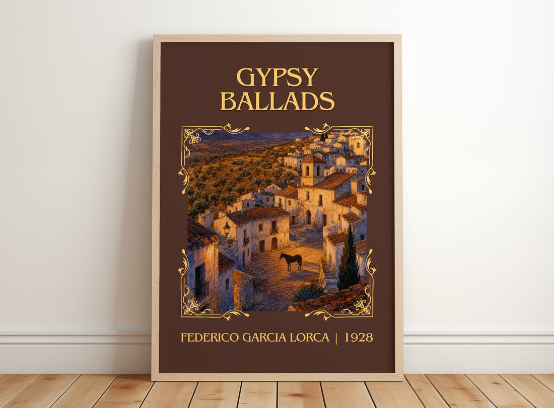 Gypsy Ballads Classic Book Art Print by Federico García Lorca – framed print leaning on a wooden floor