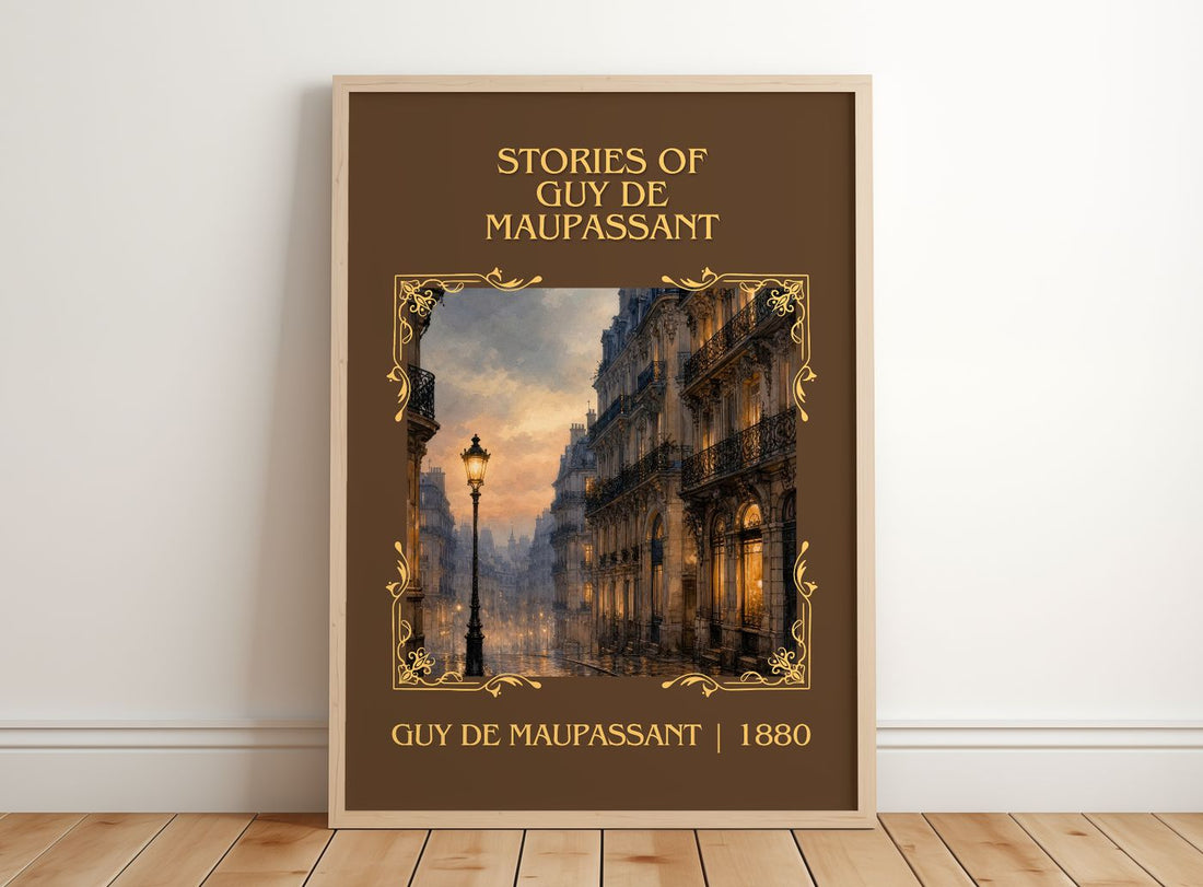 Stories of Guy de Maupassant Classic Book Art Print by G. Maupassant – framed print leaning on a wooden floor