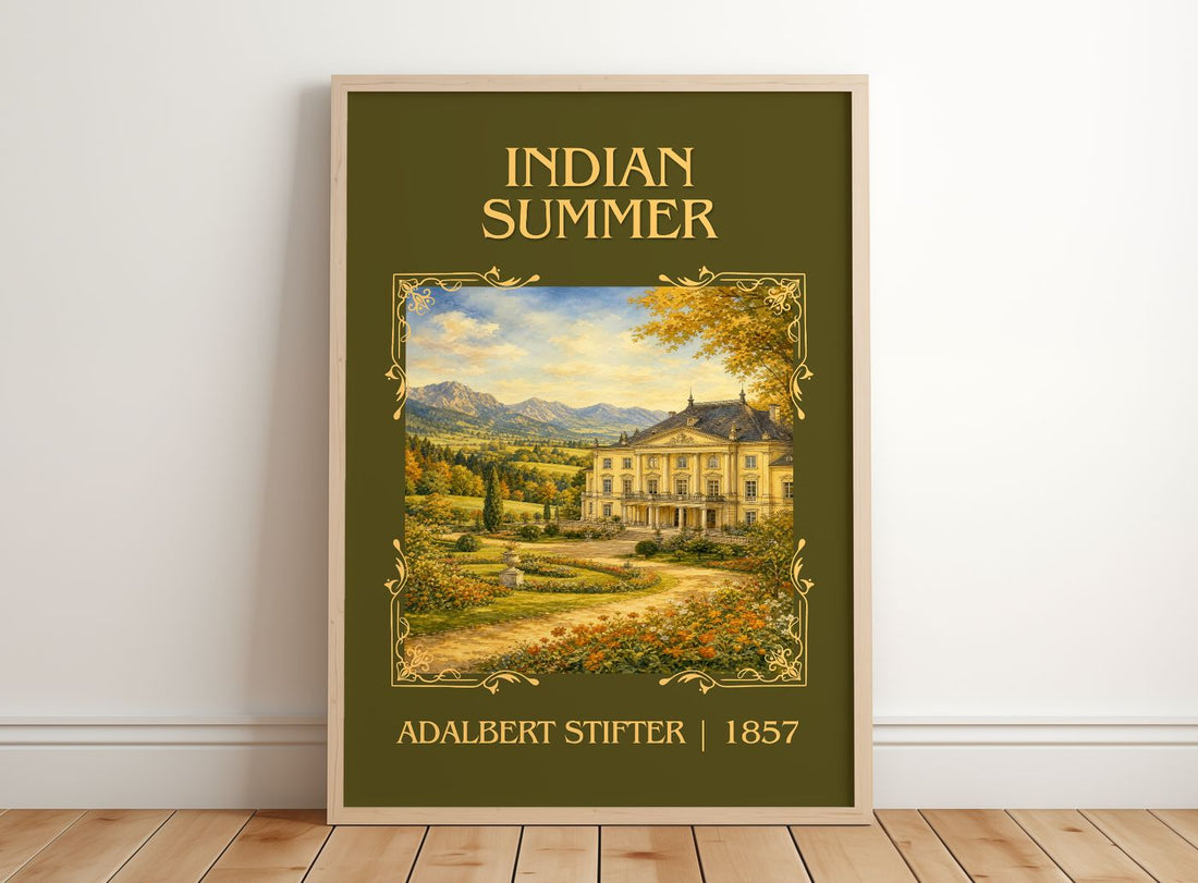 Indian Summer Classic Book Art Print by Adalbert Stifter – framed print leaning on a wooden floor