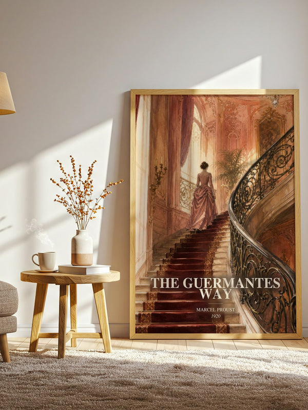 The Guermantes Way watercolour print in frame leaning in hallway – classic literature wall art
