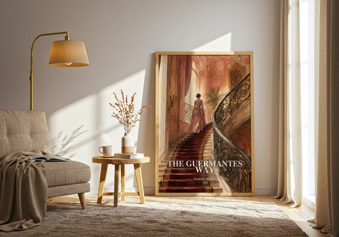 The Guermantes Way watercolour print in frame leaning in hallway – classic literature wall art (mockup)