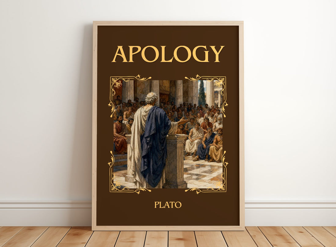 Apology Classic Book Art Print by Plato – framed print leaning on a wooden floor