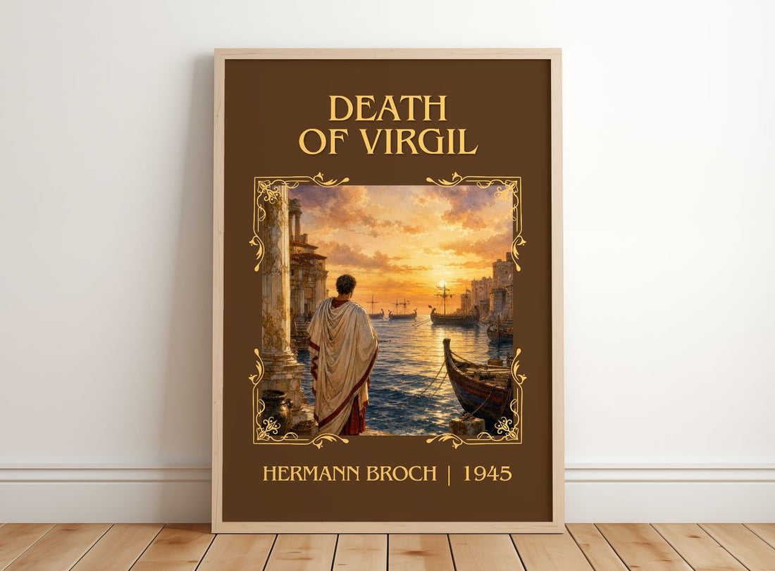 Death of Virgil Classic Book Art Print by Hermann Broch – framed print leaning on a wooden floor