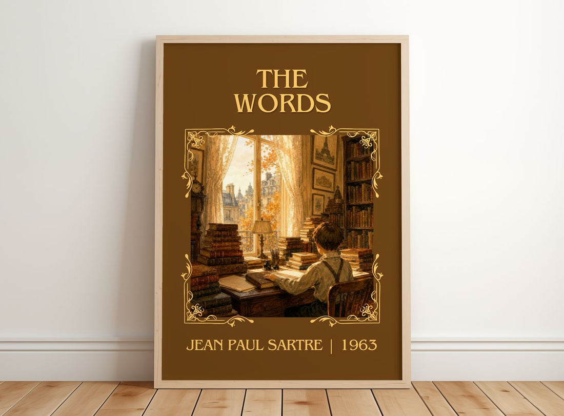 The Words Classic Book Art Print by Jean Paul Sartre – framed print leaning on a wooden floor
